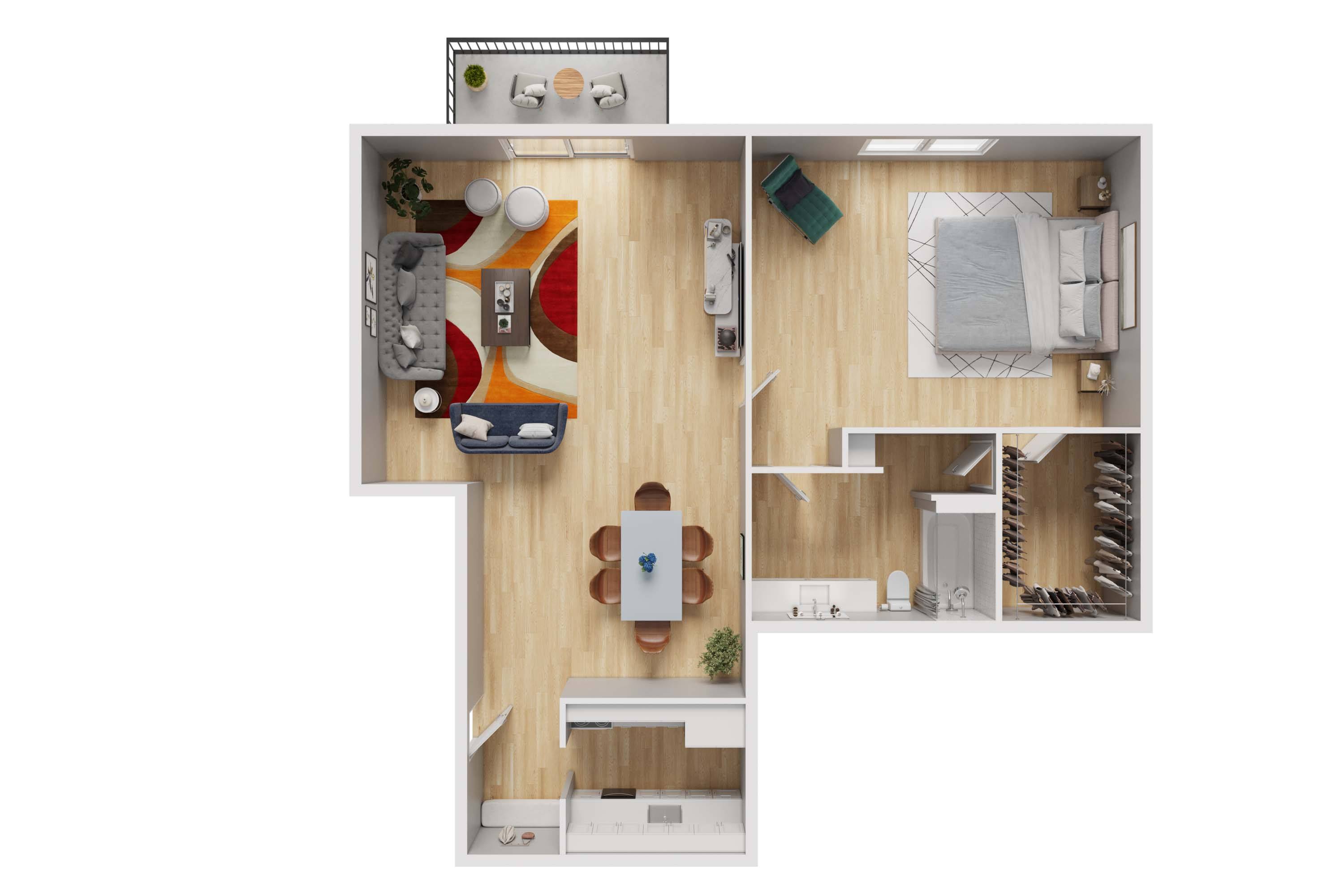 Floor plan for 1 bed, 1 bath, 790 sqft